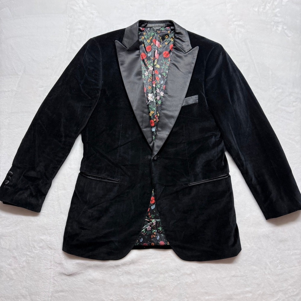 Indochino‎ Black Velvet Tuxedo Jacket Custom Embroidered Floral Lining